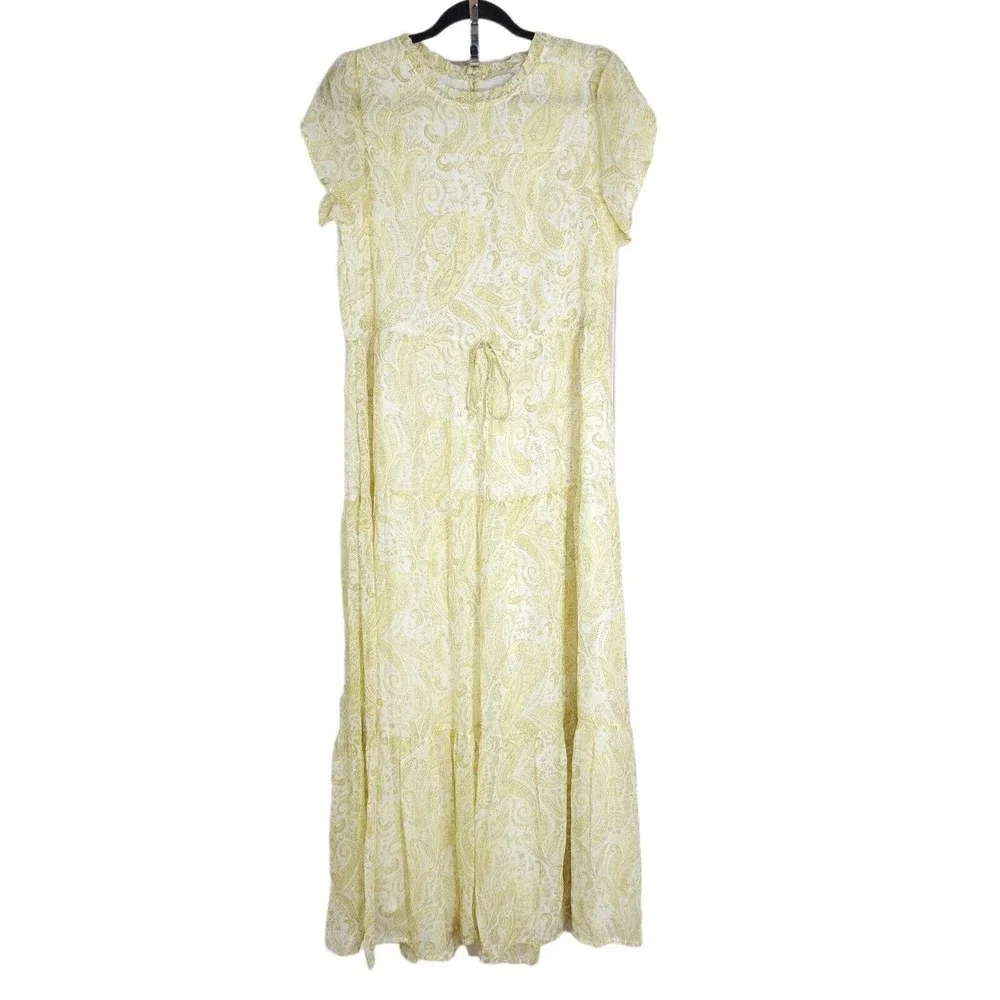 Lucky Brand Women Dress Ariel Tiered Maxi Ruffle Yellow Paisley Floral Prairie S - Picture 3 of 15